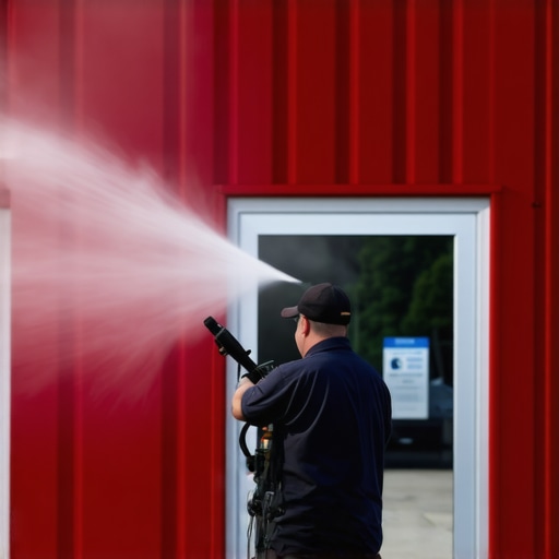 High-Tech Power Washing Equipment in Action Professional power washer with advanced nozzles and digital controls cleaning a building exterior.