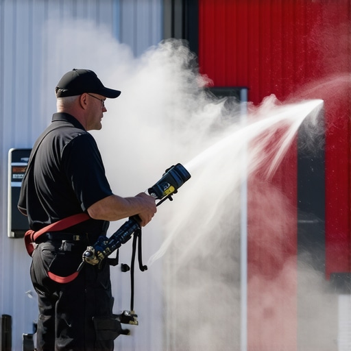 Power washer with digital controls and advanced nozzles cleaning a commercial building