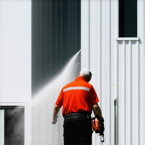 High-Tech Power Washing Equipment in Action Professional power washer demonstrating advanced features on a building exterior.
