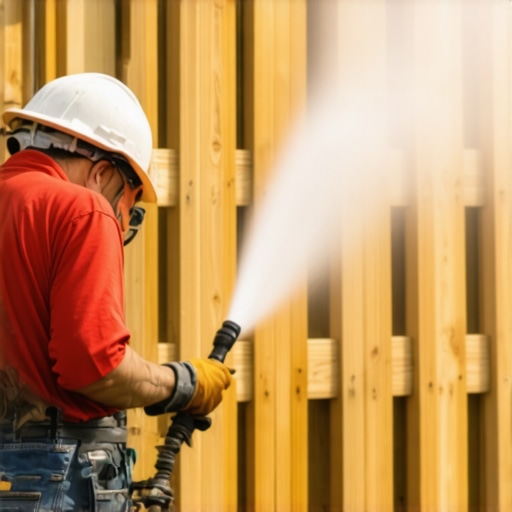 Power Washing Technique on Delicate Surfaces Professional power washing a wooden fence with a wide-angle nozzle