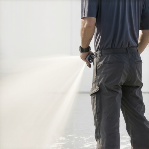 Precision Power Washing Technique Power washer technician adjusting nozzle for surface-specific cleaning