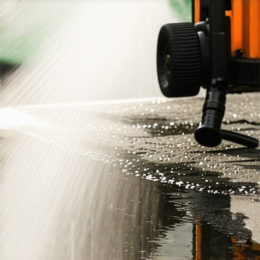 Professional Power Washer with Advanced Nozzle Attachments Close-up of power washer nozzle with turbo attachment cleaning textured concrete surface