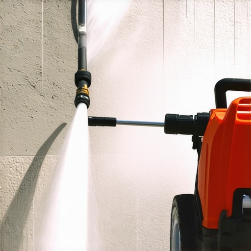 Professional power washer with adjustable nozzles cleaning a textured surface with eco-friendly detergents.