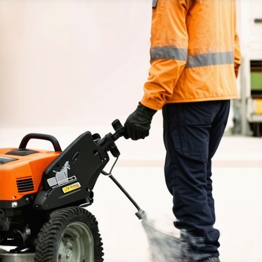 Professional power washer using rotary surface cleaner on large concrete surface