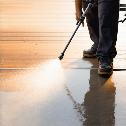 A person using a power washer with a gentle nozzle on a wooden deck, emphasizing technique and surface care.