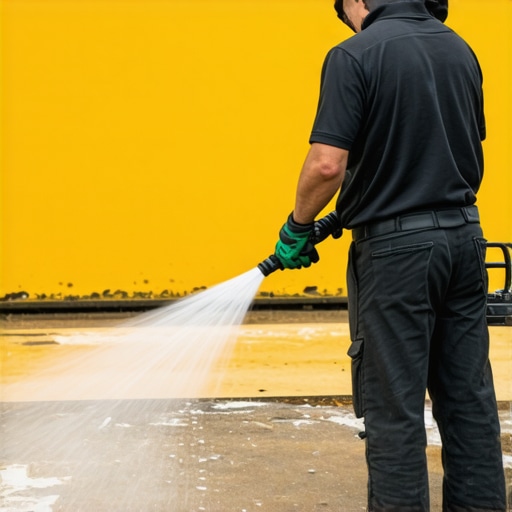 Expert Power Washing Equipment in Action A professional power washer operates high-tech equipment on a brick wall, showcasing advanced techniques.