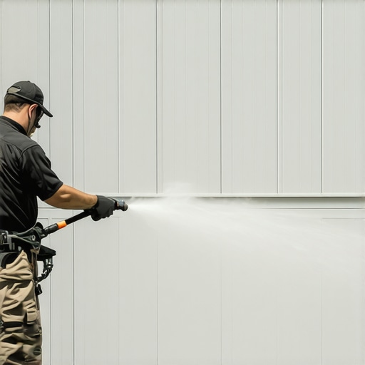 Power washer spray cleaning house exterior with professional equipment