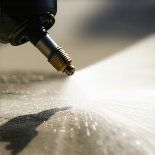 Close-up of a power washer nozzle adjusting spray angle on a surface, illustrating precision for professional cleaning