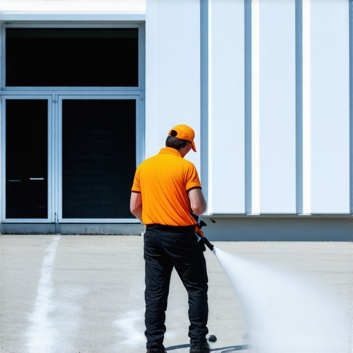 Power Washer Using Eco-Friendly Detergents Professional power washer applying eco-friendly cleaning solutions on a commercial building surface