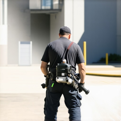 Professional Power Washing Equipment in Action A professional using advanced power washing tools on a building exterior.