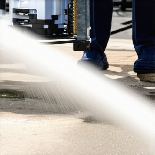 Professional Power Washing Equipment in Action Power washer spray nozzle cleaning outdoor surfaces with professional equipment
