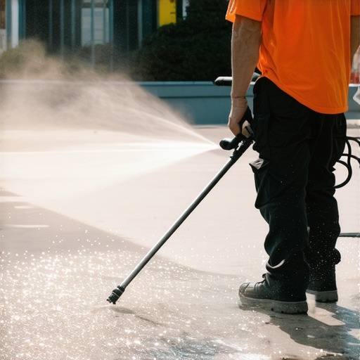 Professional Power Washing Equipment in Action Power washer in use cleaning a large driveway with professional tools
