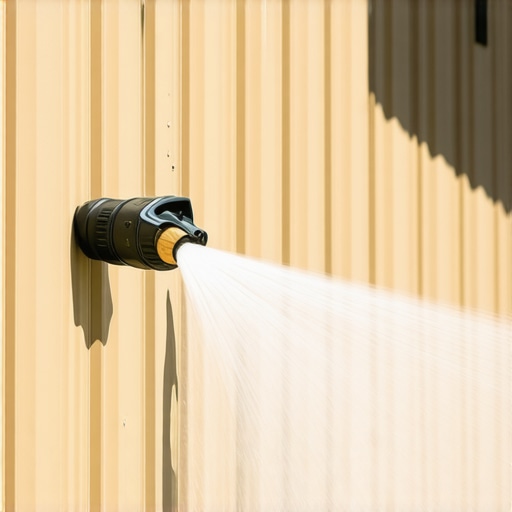 Power washer nozzle spraying on house siding demonstrating correct technique