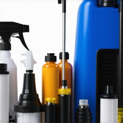 Tools and accessories for maintaining a power washer, arranged neatly on a workbench