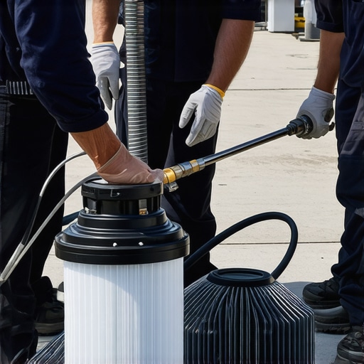 Technician inspecting pressure washer hoses and filters during routine maintenance.