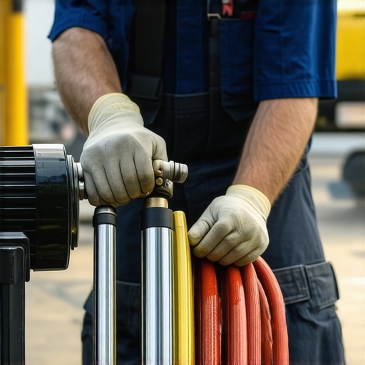 Technician maintaining a power washer pump and hoses for optimal performance.