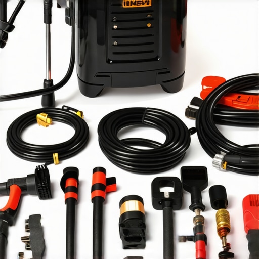 Power washer with nozzles, filters, and cleaning supplies for maintenance