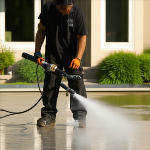 Professional using adjustable nozzle on surface, demonstrating power washing technique.