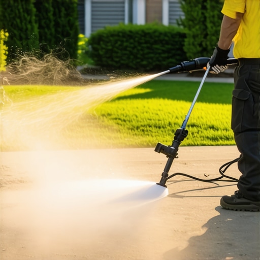 Person using power washer with adjustable nozzle and safety gear on driveway