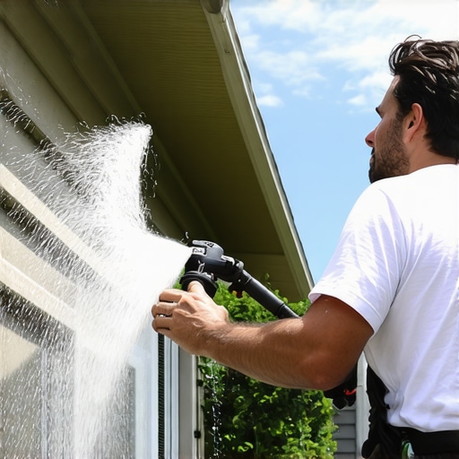 Person adjusting a pressure washer nozzle on a house