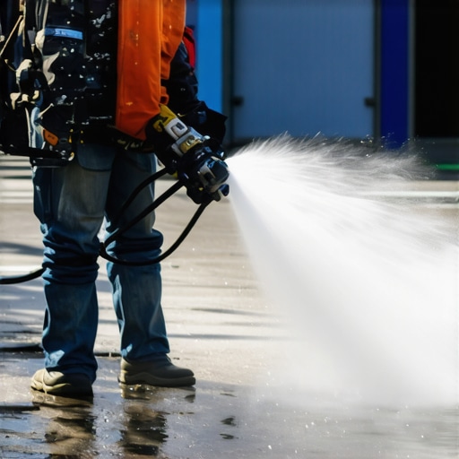 Person holding a power washer nozzle at a 45-degree angle cleaning a surface