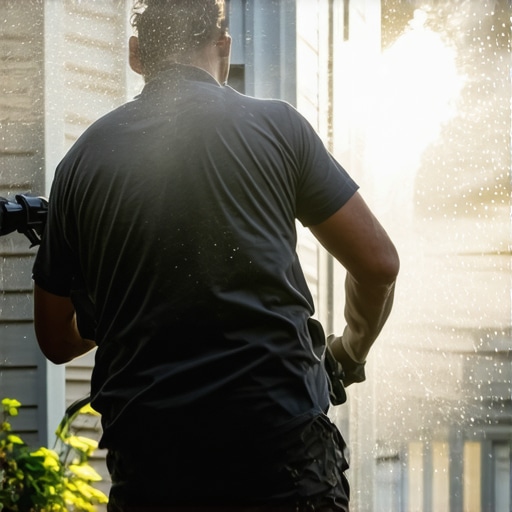 Person wearing protective gear using a pressure washer with a eco-friendly detergent on a house exterior