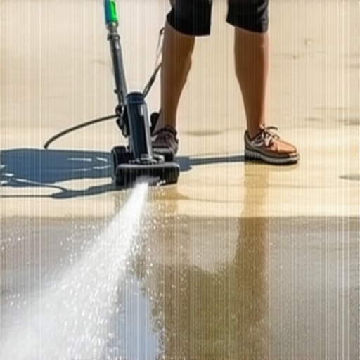 Power washer surface cleaner in action, cleaning large driveway efficiently.