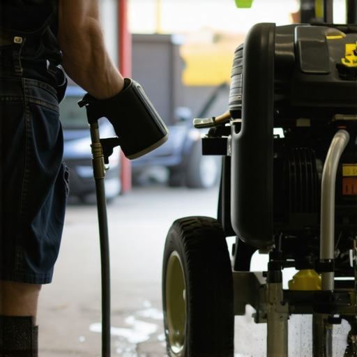 Person inspecting and cleaning a power washer in a garage.
