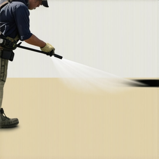 A person holding a power washer nozzle at the correct distance from a house siding during cleaning