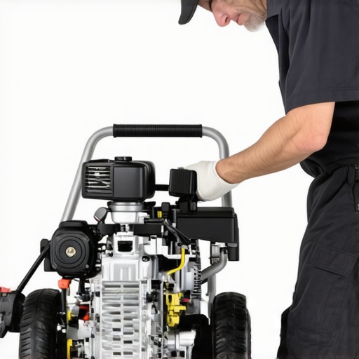 Technician inspecting a power washer to ensure proper functioning during maintenance