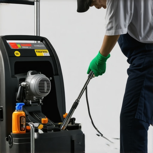 Technician inspecting power washing equipment, ensuring proper maintenance