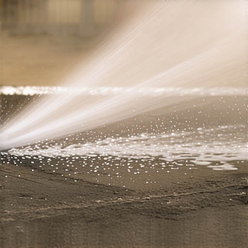 Close-up of a power washer nozzle spraying water onto concrete