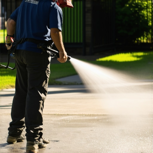 A power washer being used on a concrete driveway showing spray technique