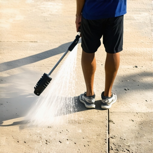 Individual operating a pressure washer on a driveway during daylight
