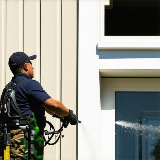 A professional in brand safety gear adjusting the spray nozzle on a power washer aimed at house siding.