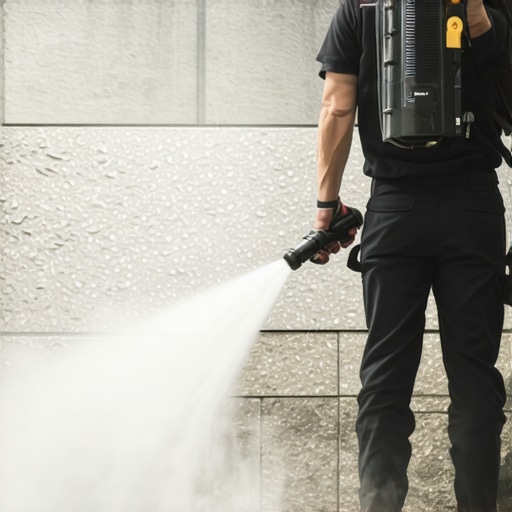 A technician using a wide spray nozzle to softly clean a stone surface with eco-friendly detergents