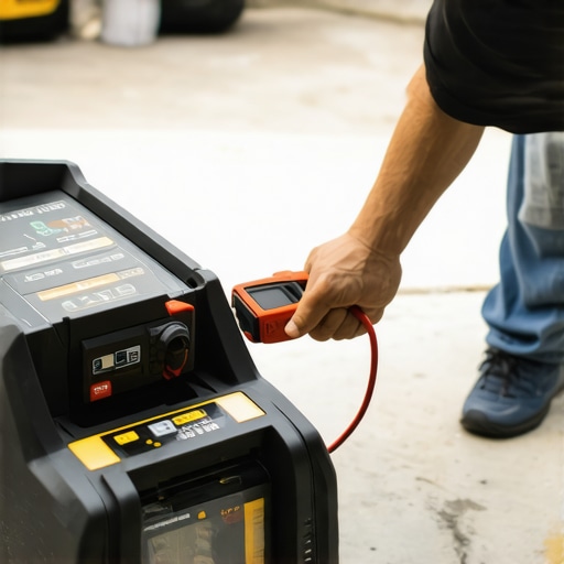 Person inspecting power washer battery with multimeter in garage.