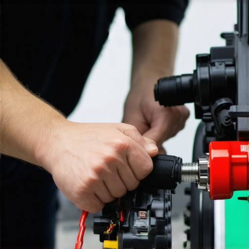 Power Washer Maintenance Inspection Technician inspecting and maintaining a power washer pump with diagnostic tools.