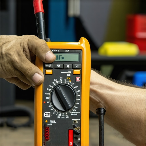 Power Washer Maintenance Tools Technician testing a power washer with a multimeter in a workshop environment