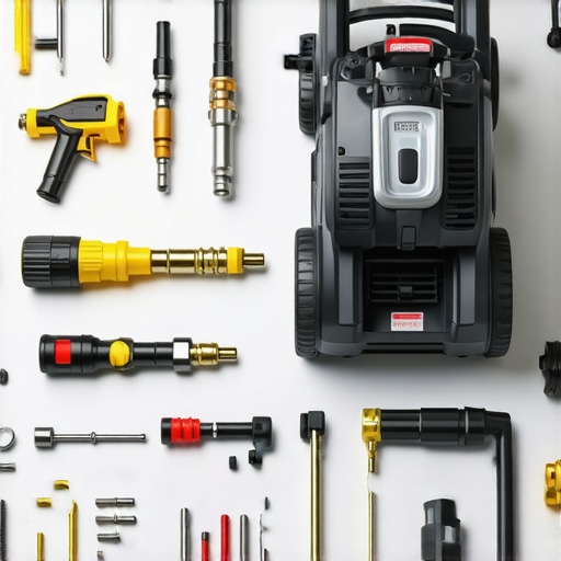Professional power washing equipment with maintenance tools and nozzles arranged neatly on a workbench.