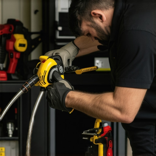 Power washer maintenance tools Technician inspecting and maintaining power washing equipment using specialized tools.