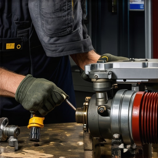 Technician inspecting a power washer pump, showing internal parts and tools used for repair.