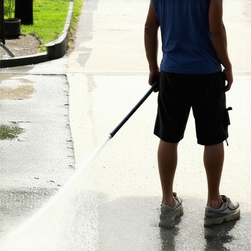 A person with a power washer maintaining the correct distance and sweeping motion over a driveway.