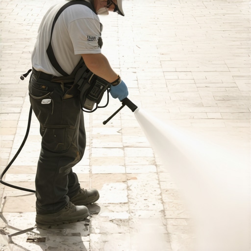 Proper Power Washing Technique A person using a power washer with adjustable wand at a safe distance from a stone patio