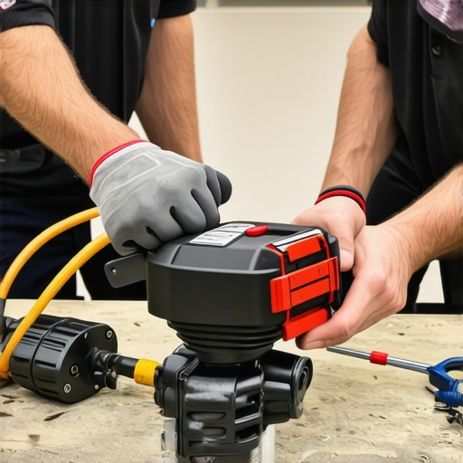 Technician inspecting power washer pump with tools, highlighting maintenance importance.